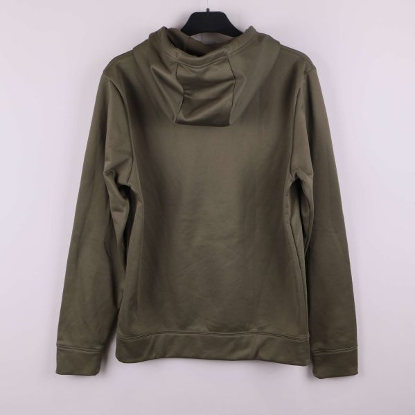 Baksidan av khakigrön hoodie med luva