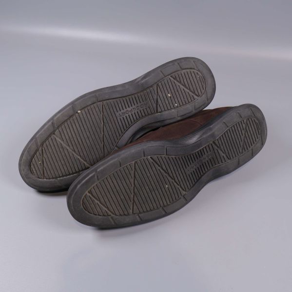 Undersidan av bruna skor med räfflad sula