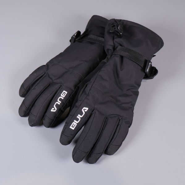Svarta vinterhandskar med synlig Bula-logotyp och justerbart band