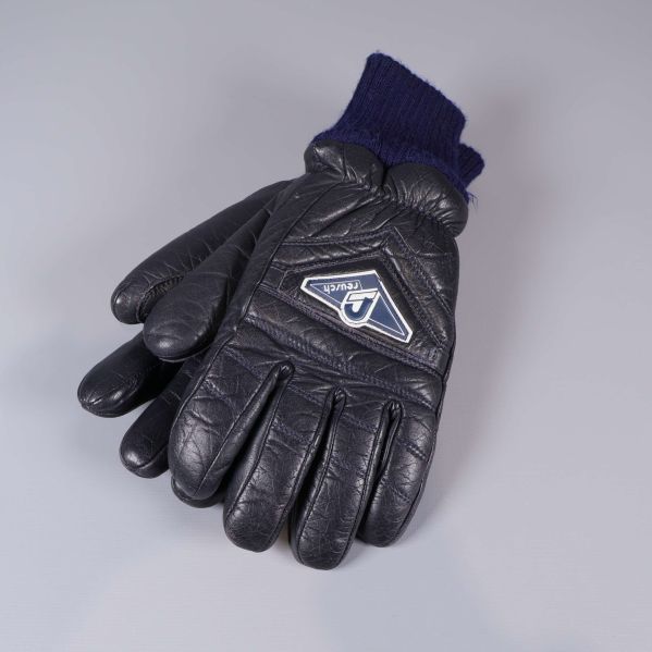 Svart handske med blå ribbstickad mudd och broderad logotyp
