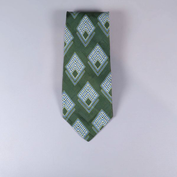 Grön slips med grafiskt diamantmönster i blått och vitt