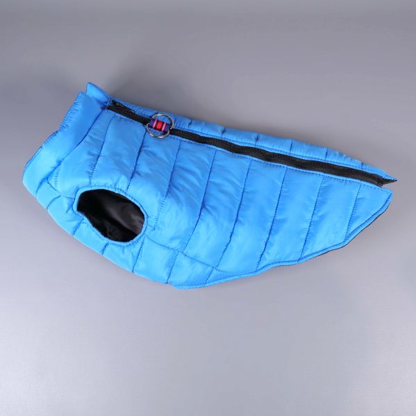 Hundjacka blå vadderad från sidan med dragkedja