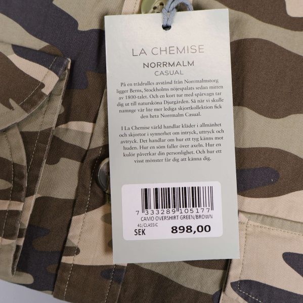 Produktetikett med La Chemise och prisinformation