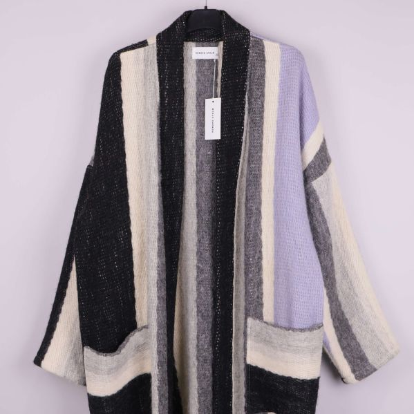 Cardigan med fickor och breda ränder i lila och svart