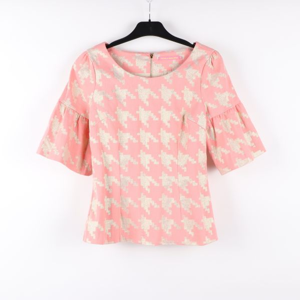 Rosa och beige topp med hundtandsmönster och volangärmar