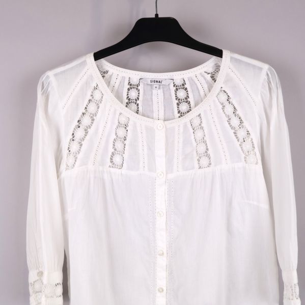 Närbild på blusens spetsdesign