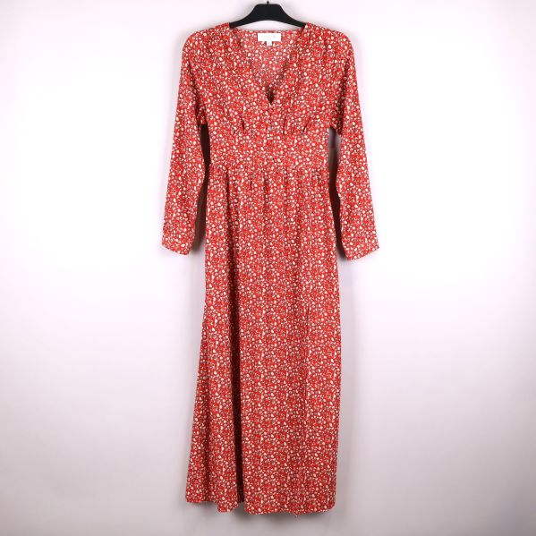 Långärmad rödblommig maxiklänning