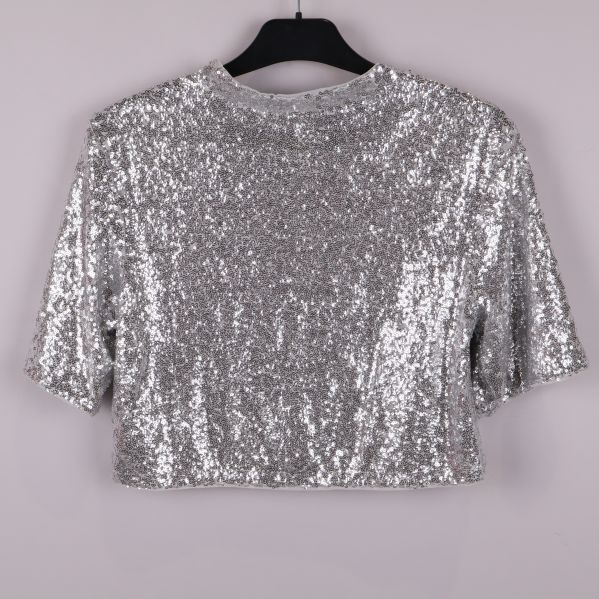 Baksidan av silvrig paljettop