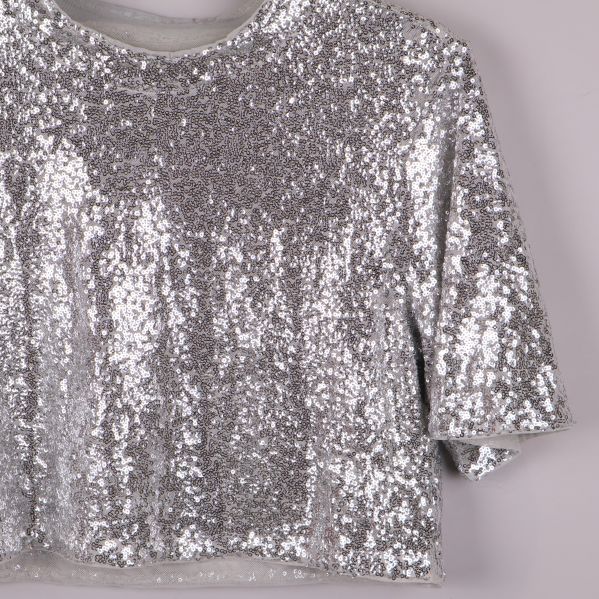 Detalj av axel och ärm på silvrig paljettopp