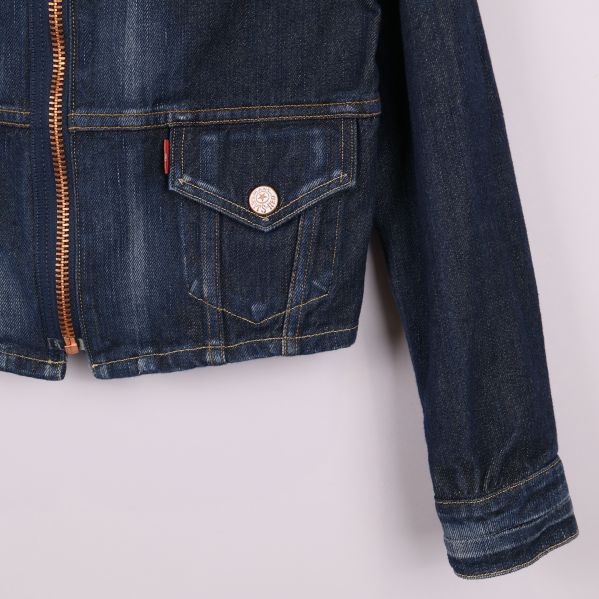 Närbild på jeansjackans ärm och ficka