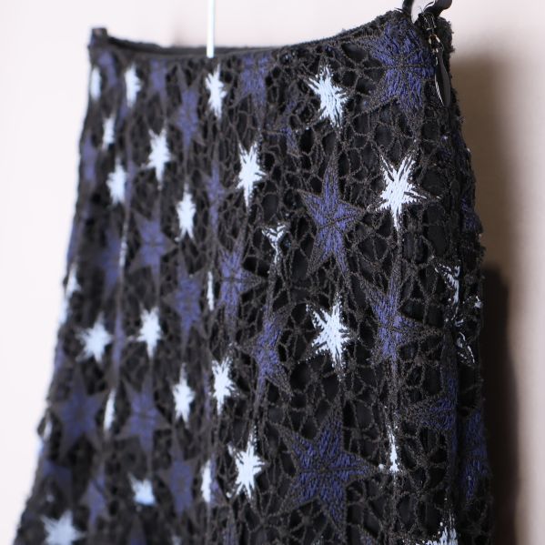 Sidovy av kjol med luckor och broderade stjärnor