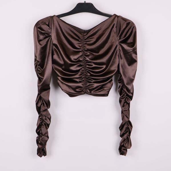 Brun glansig topp med drapering och puffärmar bakifrån