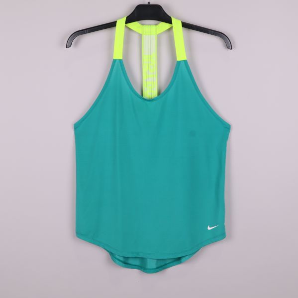 Framsida av turkost Nike linne med neongula axelband