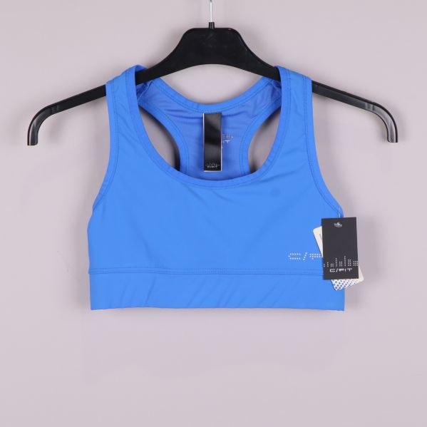 Framifrån av blå sport-bh med tryckt logotyp