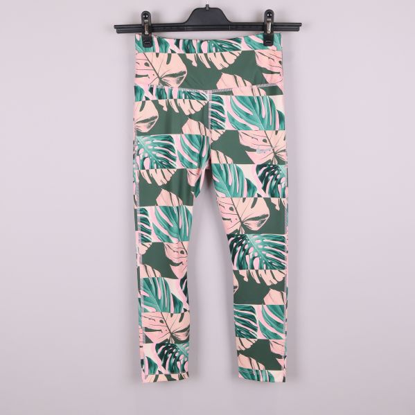 Leggings med grönt och rosa bladmönster framifrån