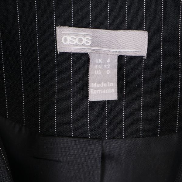 storleksetikett på insidan av svart randig kavaj från asos