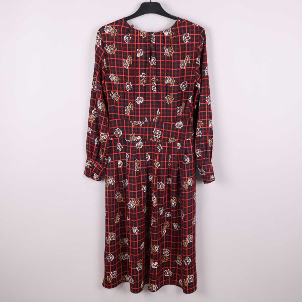 Klänning med långt ärm, rutigt och blomtryck bakifrån