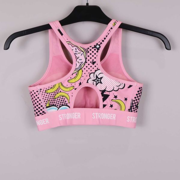 Baksida av rosa sport-bh med popmönster