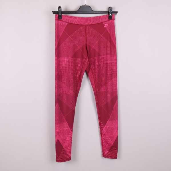 Framsida av rödrosa grafiska Nike tights på galge