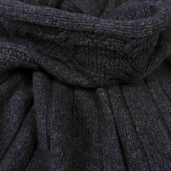 Närbild på grovstickad yta i mörkgrått garn