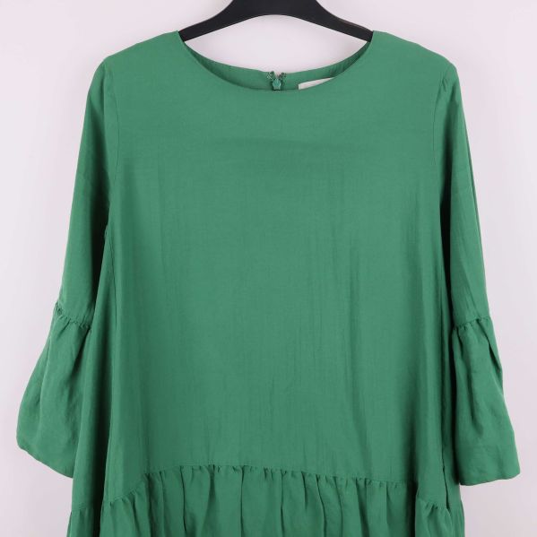 Närbild på halsringning och ärm på grön klänning