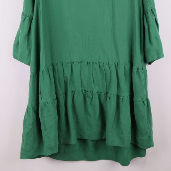 Närbild på volangdetaljer nedtill på klänningen