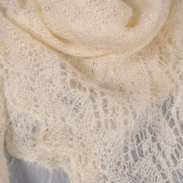 Närbild på ljus spetsstickning och struktur i sjalen