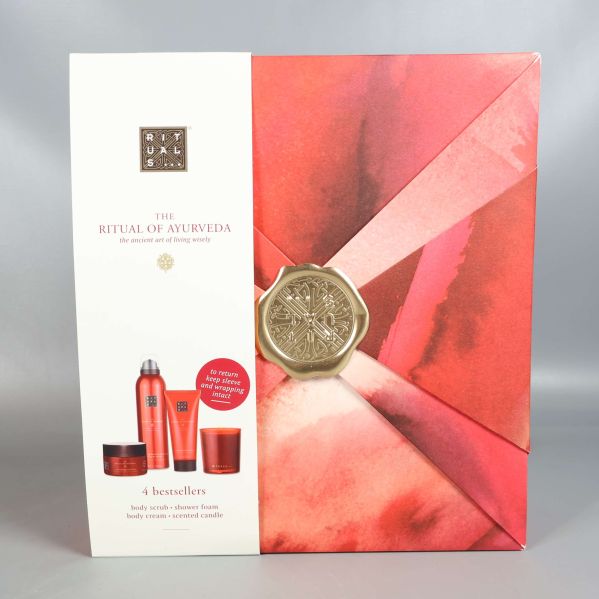 Presentbox från Rituals med rödrosa mönster och guldfärgad detalj