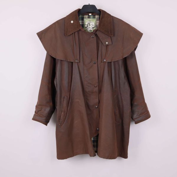 Brun regnjacka med öppen front och rutigt foder