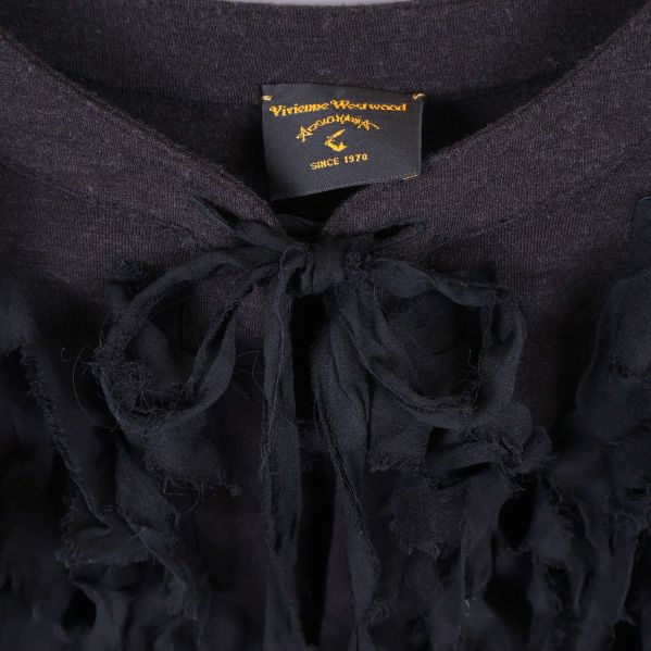 Närbild på logotyp och fransar vid halsringning