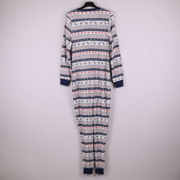 Heldräkt med vintermönster och mörkblå detaljer, bakifrån