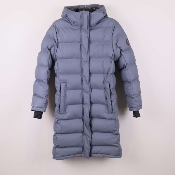 Lång vadderad jacka med huva och dragkedja fram