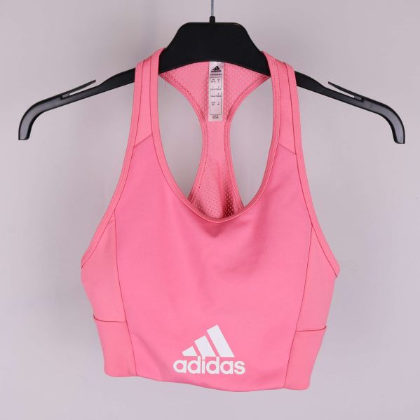 Rosa tränings-bh med vit Adidas-logga framtill och meshpanel