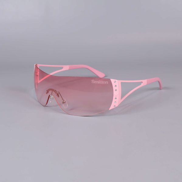 Solglasögon med rosa båge och tonat visirglas med dekorstenar