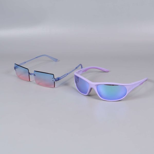 Solglasögon med rektangulär och sportig form, blå och lila färg
