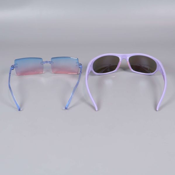 Solglasögonen bakifrån visar färgade skalmar och spegelglas