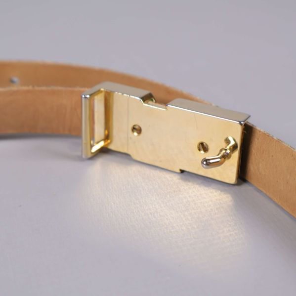 Guldfärgat bälteslås från insidan i närbild