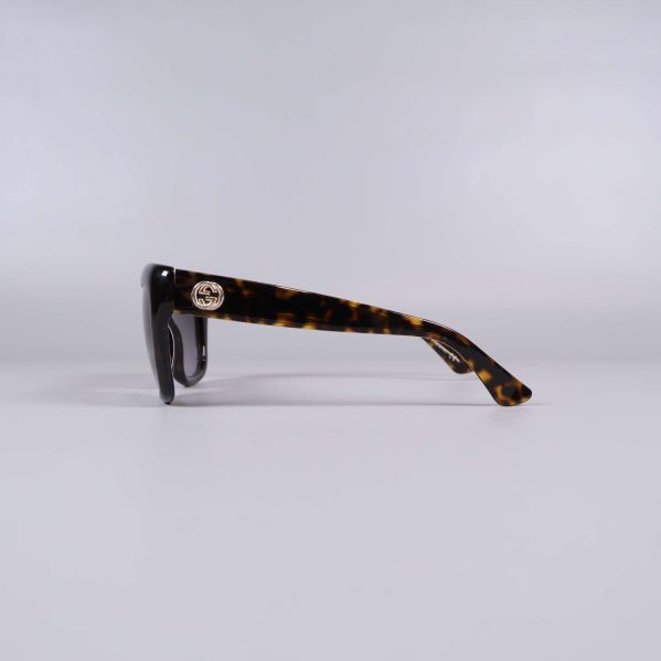 Sida av solglasögon med sköldpaddsmönster och logotyp