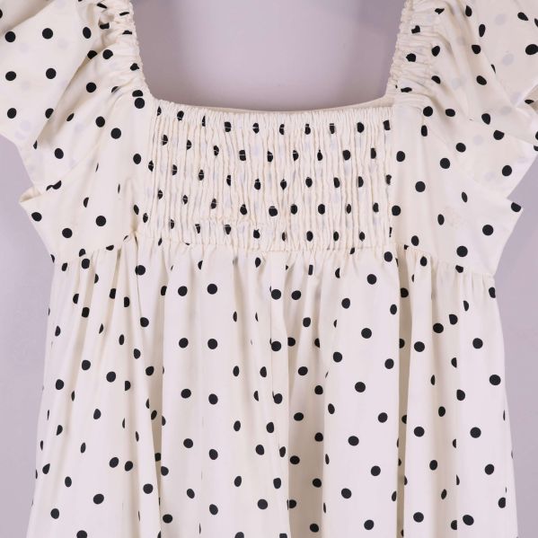 Närbild på smockad fyrkantig halsringning med prickar