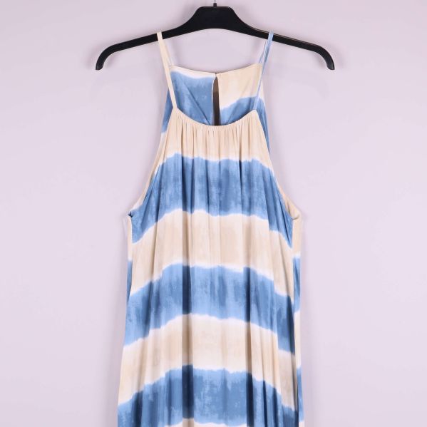 Närbild överdel av klänning med långa blå och beigea ränder