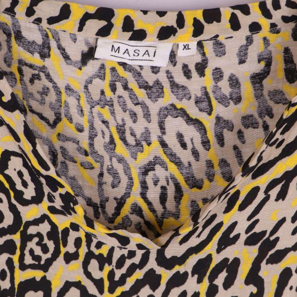 Närbild på Masai etikett och leopardmönstrat tyg