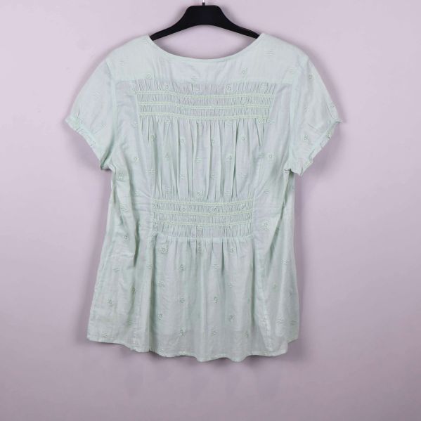 Baksidan av ljusgrön blus med smock och broderier