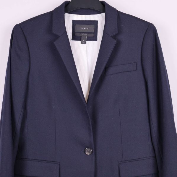 Närbild på bröstficka och knäppning på mörkblå blazer