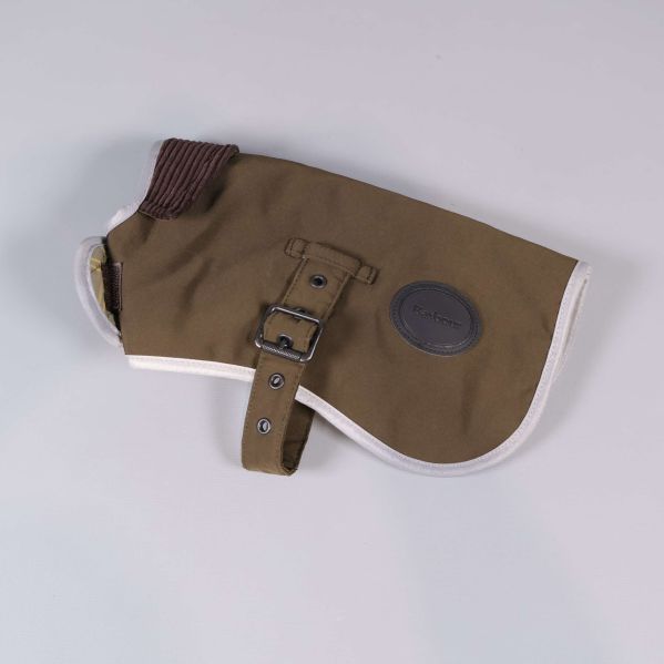 Khakifärgat barbour hundtäcke med spänne och vit kant
