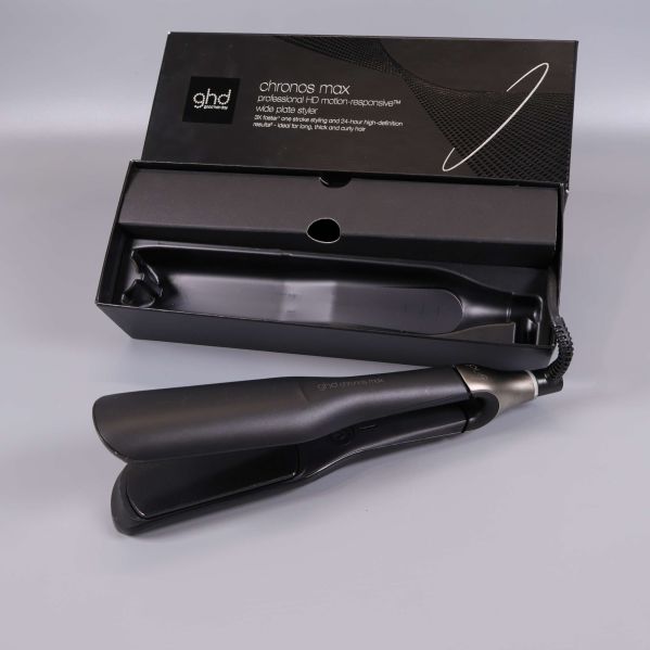 ghd chronos max plattång med öppnad kartong bakgrund