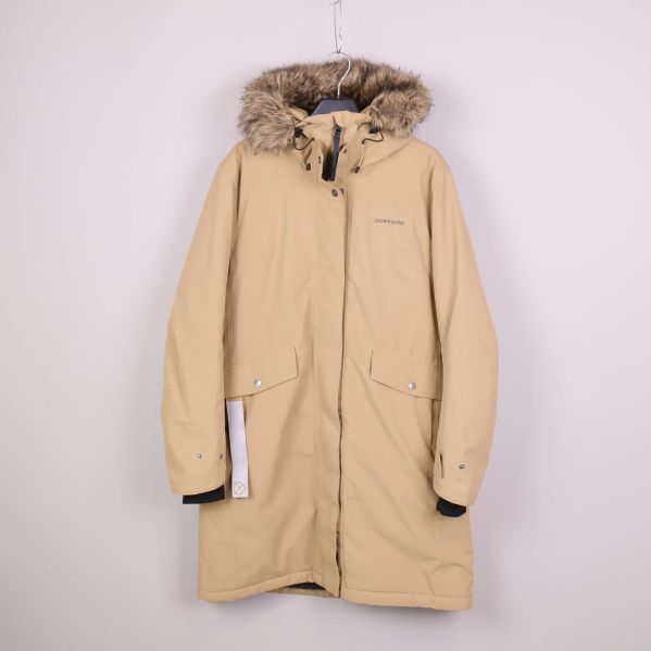 Beige lång Didriksons-jacka med huva och fuskpäls