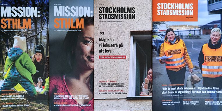 Framsidor på Stockholms Stadsmissions tidningar. Foto: Anna Z Ek