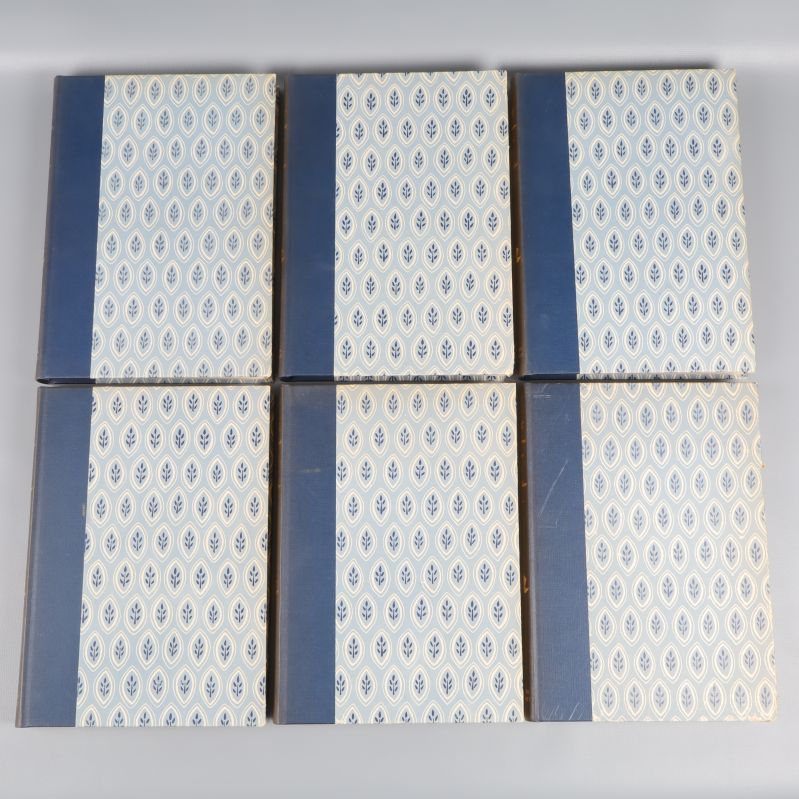 Sex böcker med blå och mönstrade omslag staplade