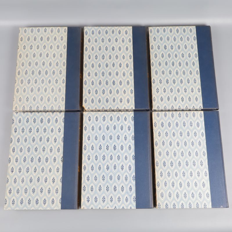 Framsidor av mönstrade böcker med blåa ryggar