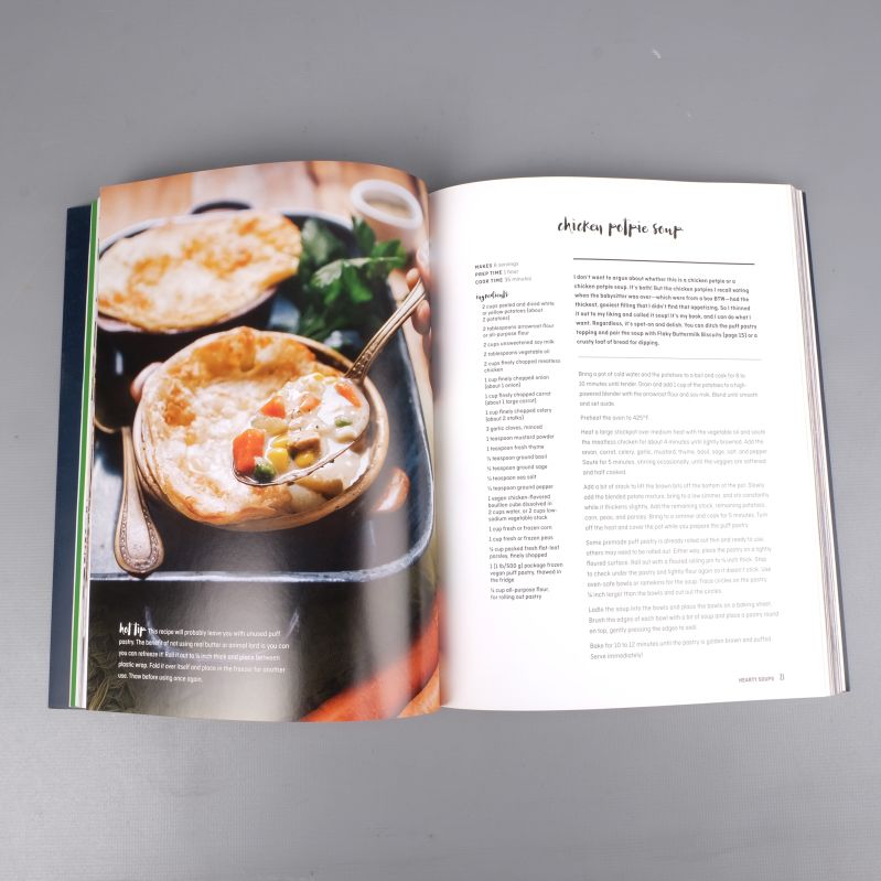 Uppslag med recept på chicken potpie